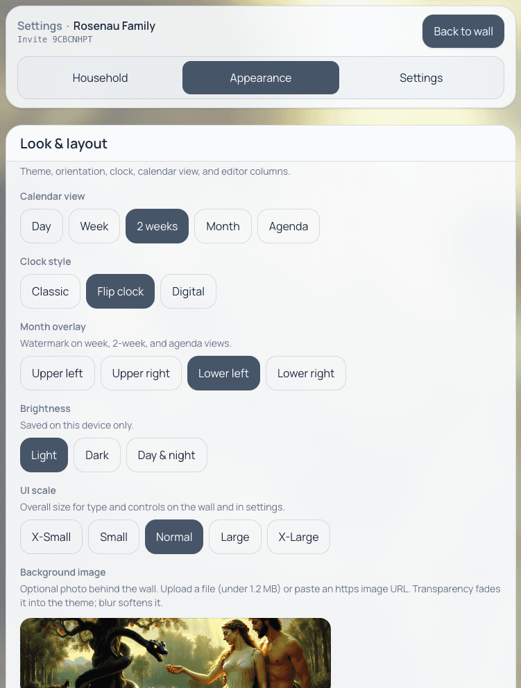 FamilyFlow appearance options for calendar view, clock style, and light display