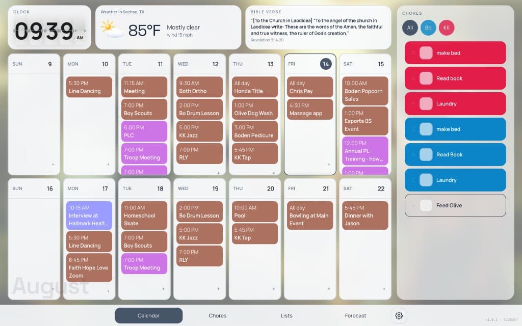 FamilyFlow wall showing kids’ chores, the week’s schedule, weather, and the time