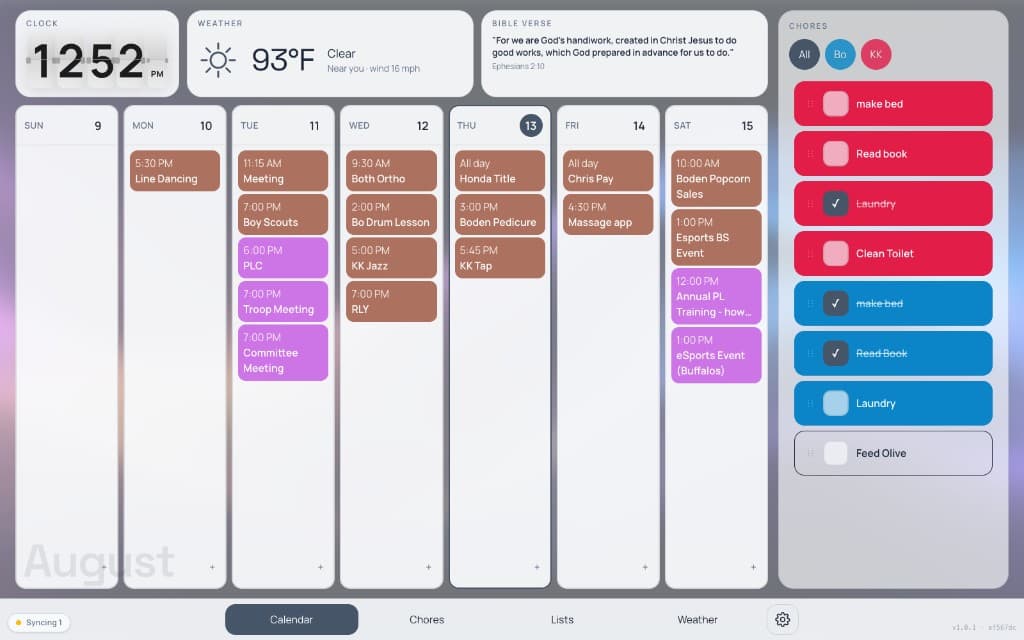 FamilyFlow touch-screen family calendar showing week view, chores, weather, and clock